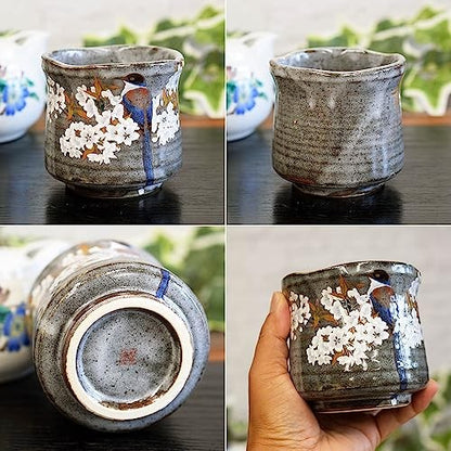Waza no Kura Stylish Kutani Ware Yunomi Large Tea Cup with Mountain Cherry Blossoms and Birds Ceramic Brand Japanese Tableware Made in Japan Birthday Present for 60th Birthday Celebration, 70th Birthday Celebration, 77th Birthday Celebration, 80th Birthda