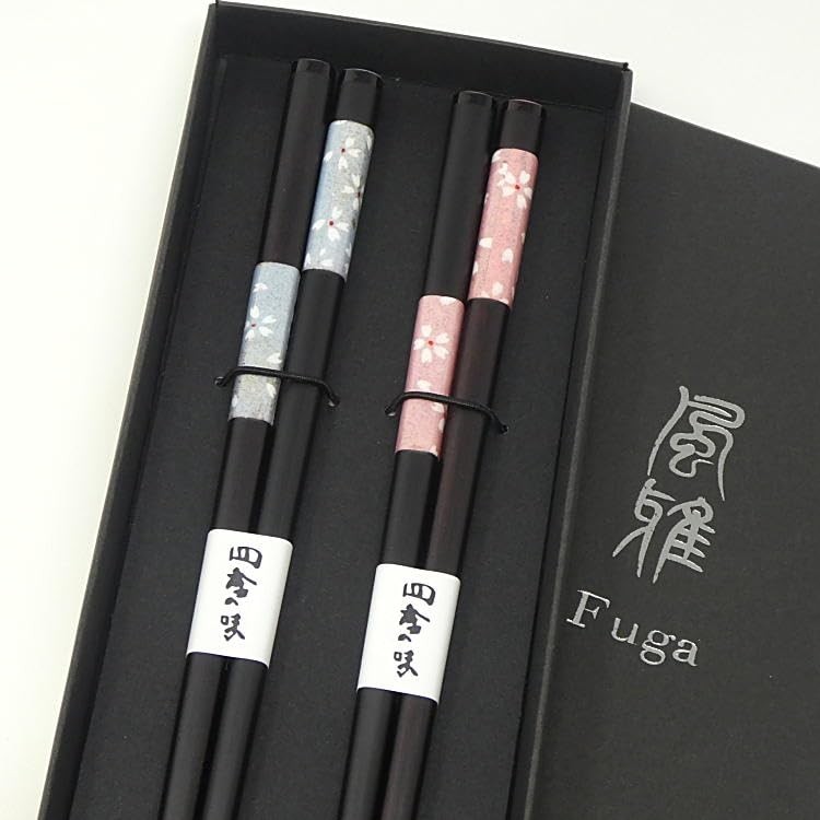 Couple's Chopsticks Pair - Wedding Gift / Anniversary - Wakasa Lacquer - Made in Japan - Dishwasher Safe - Nagomi Sakura (Blue/Pink) 23cm - Gentle Chopsticks (Black Box) - A Refined Wedding Gift - Present / Gift