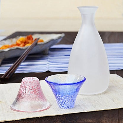 Toyo Sasaki Glass Cold Sake Set, Shofuku Cup, Mount Fuji, Made in Japan, Cup 35ml, Tokkuri 270ml, Blue & Red & White, Set of 3, G639-M76. Tokkuri: Diameter approx. 3.6cm / Height approx. 14.9cm, Cold Sake Cup: Diameter approx. 6.7cm / He