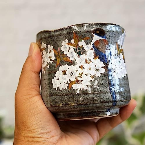 Waza no Kura Stylish Kutani Ware Yunomi Large Tea Cup with Mountain Cherry Blossoms and Birds Ceramic Brand Japanese Tableware Made in Japan Birthday Present for 60th Birthday Celebration, 70th Birthday Celebration, 77th Birthday Celebration, 80th Birthda