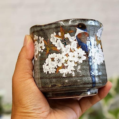 Waza no Kura Stylish Kutani Ware Yunomi Large Tea Cup with Mountain Cherry Blossoms and Birds Ceramic Brand Japanese Tableware Made in Japan Birthday Present for 60th Birthday Celebration, 70th Birthday Celebration, 77th Birthday Celebration, 80th Birthda