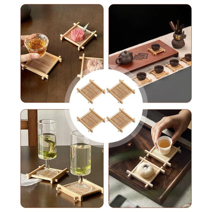 Bamboo Coasters Set of 4 - Japanese Style Wooden Placemats, Protect Your Furniture with Stylish Round Bamboo Couch Drink Mats for Home and Restaurant Use, 8.5cm x 8.5cm.