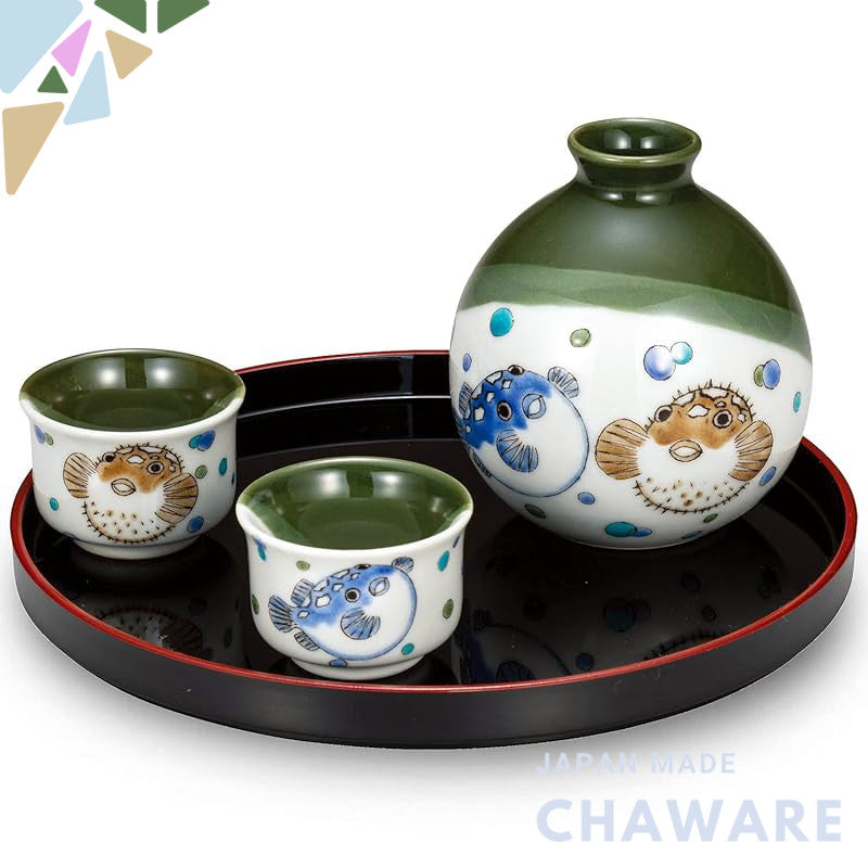 Stylish Kutani Ceramic Sake Set with Fugu and Harisenbon Designs, Includes a Sake Bottle and Tray, Perfect for Celebrati