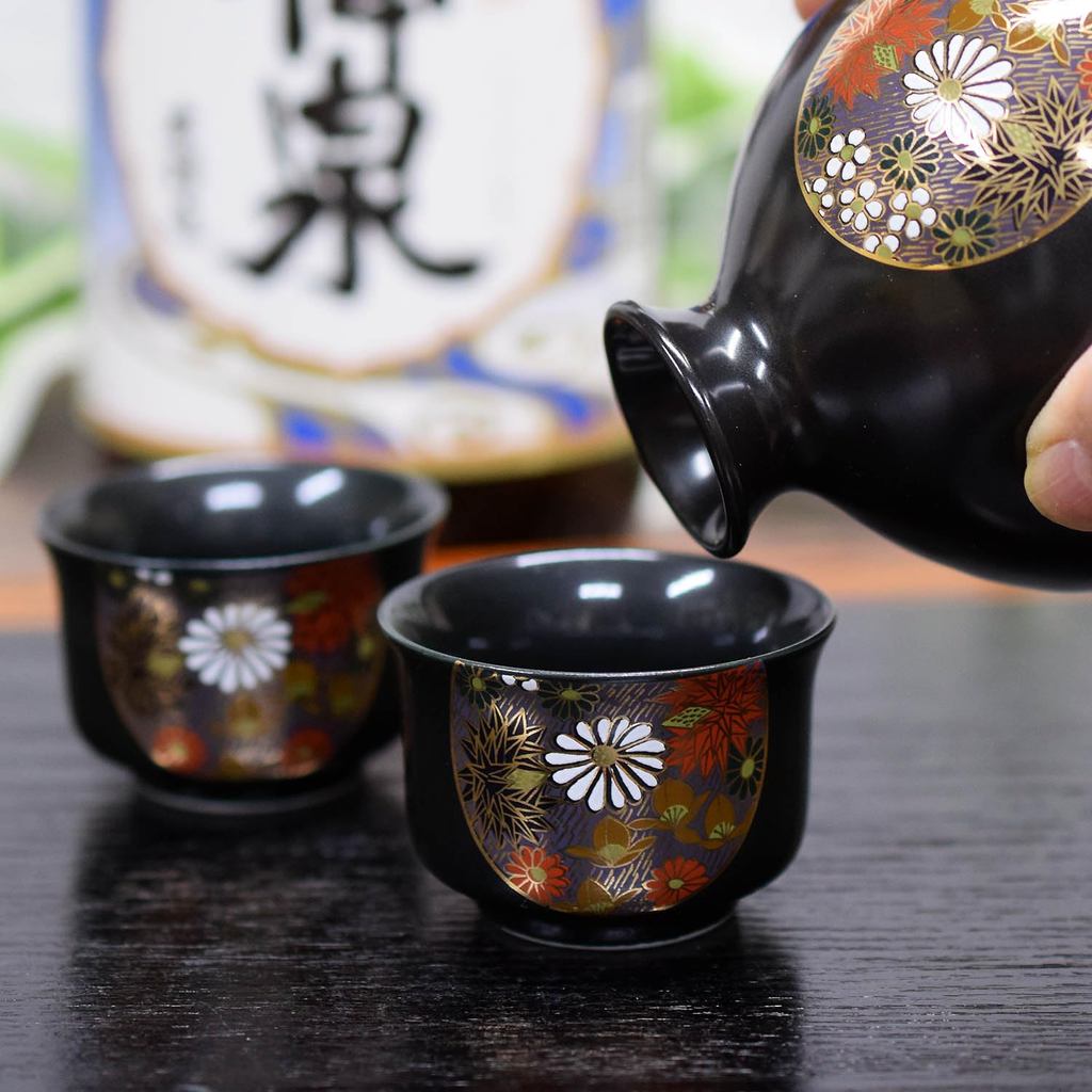 Stylish Kutani Ware Sake Set with Guinomis and Tokkuri, Ideal for Evening Drinks, High-Quality Japanese Ceramics, Perfect for Birthdays, 60th and 70th Birthday Celebrations, Premium Gift Option.