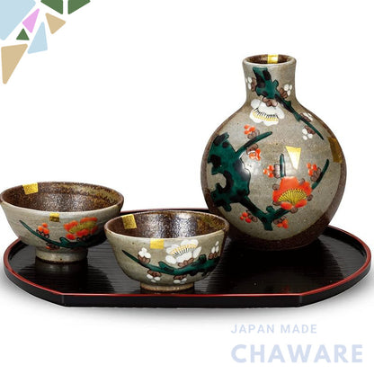 Stylish Japanese Sake Set with Kutani Ware Ochoko and Tokkuri, Featuring Red and White Plum Design, Comes with Serving T