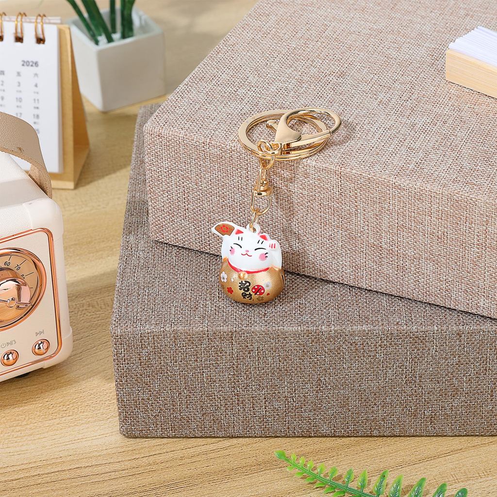 [FRCOLOR] Lucky Cat Keychain - Feng Shui Charm - Cat Figurine with Bell - Good Luck Amulet and Souvenir - Maneki Neko Keyring
