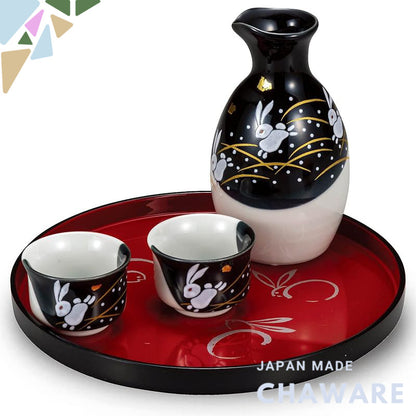 Elegant Kyo-yaki Sake Set with Rabbit Design: Stylish Awazakura Sake Cups and Tokkuri, Includes Tray, Perfect for Japane