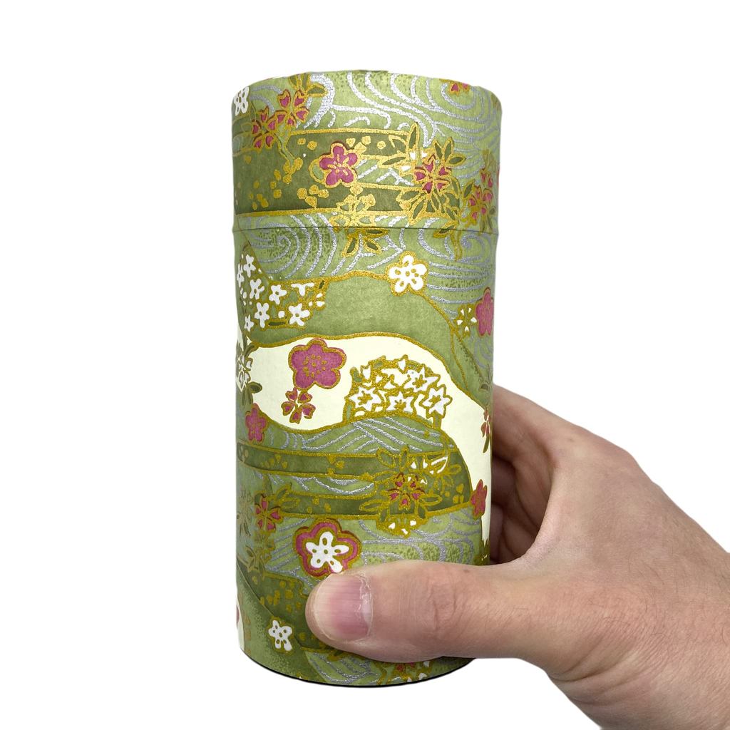 Naguchi Kumataro Tea Garden Large Capacity Tea Canister 200g with Interior Lid, Washi Paper Design, Seasonal Colors, Stylish Japanese Made Tea Storage Container.
