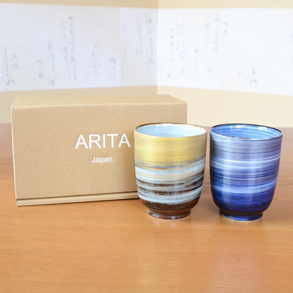 Pair of Arita Tenmei Yunomi Tea Cups - Stylish Couple Tea Cup Set, Gift Boxed, Made in Japan