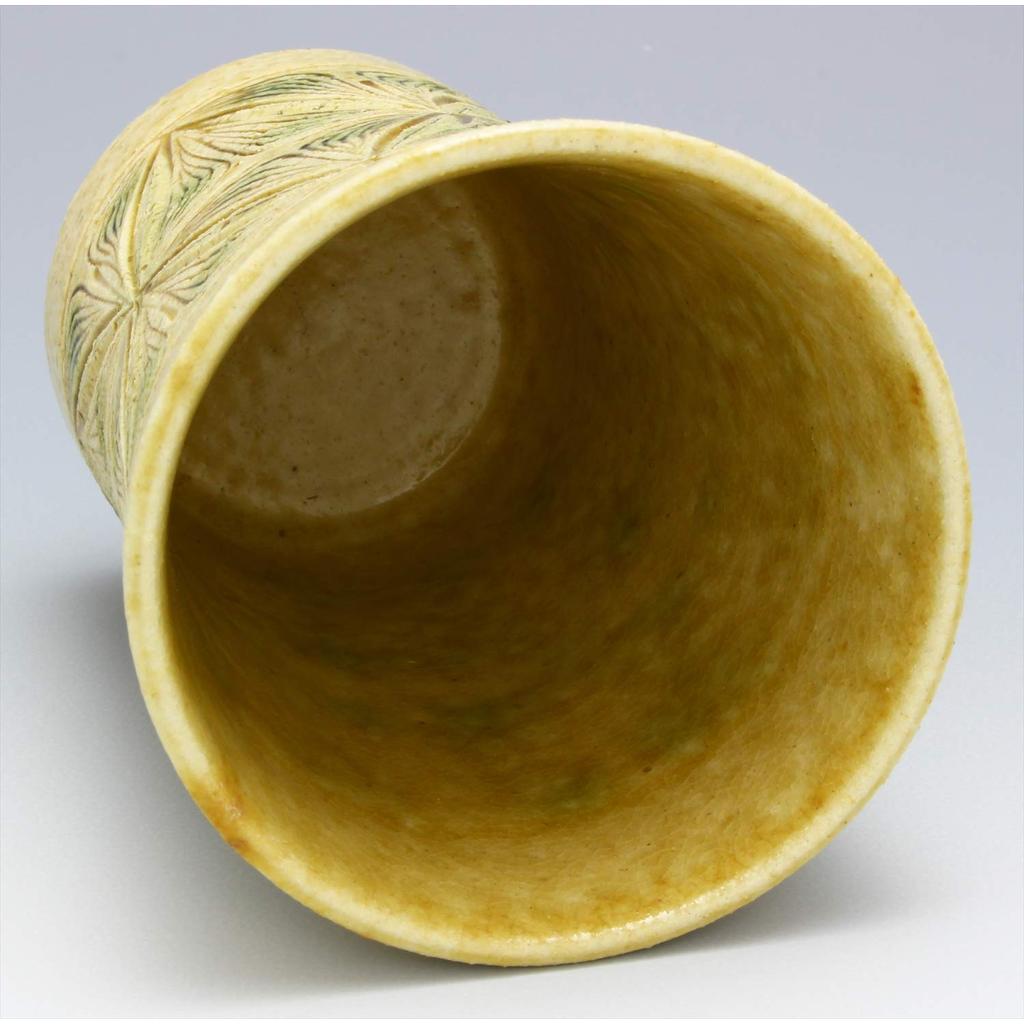 Kato Tosaburo Seto Ware Yellow Carved Diamond Pattern Tumbler 360ml Wooden Gift Box Made in Japan