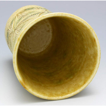 Kato Tosaburo Seto Ware Yellow Carved Diamond Pattern Tumbler 360ml Wooden Gift Box Made in Japan