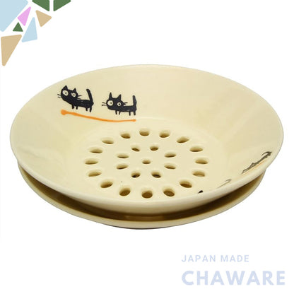 SOUSEN 15cm Seto Ware Medium Draining Plate with Black Cat Pattern (Various Colors)