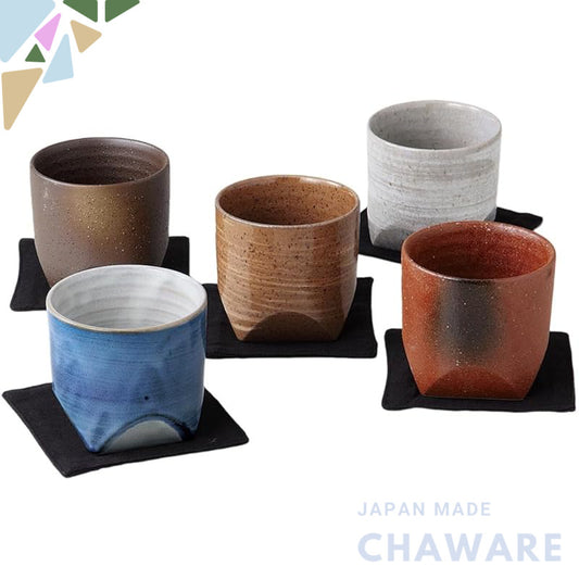 Ale-net Set of 5 Mino Ware Ceramic Rock Glasses 270ml with Coasters — Diamond Pattern Multicolor, Made in Japan