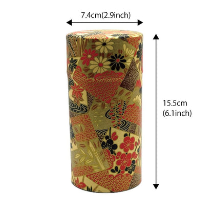 Noguchi Kumataro Tea Garden Large Capacity 200g Tea Canister with Inner Lid, Gold Sunset Design, Made in Japan, Stylish and Elegant Japanese Washi Paper Wrapped.