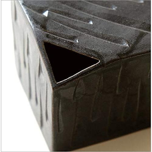Japanese Seto-yaki Ceramic Flower Vase - Black Glaze Ribbed Cube Design, Made in Japan, Stylish
