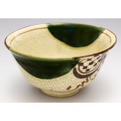 Seto Ware "Kato Rokubei" Oribe Window-and-Crane Ceramic Rice Bowl & Teacup - Made in Japan