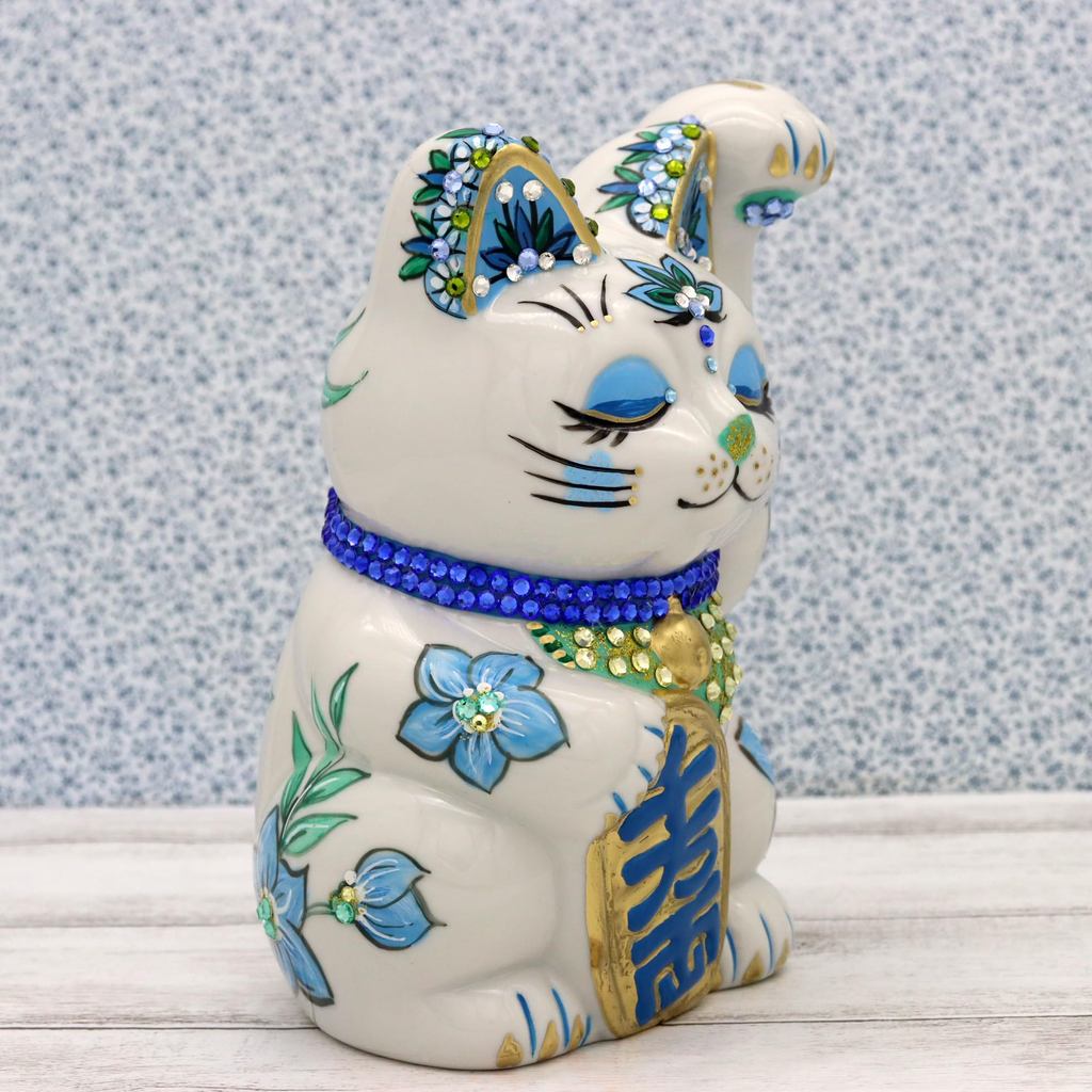 Craftsman House Gorgeous Hand-Painted Seto Ware Maneki-Neko Lucky Cat — Handcrafted Japanese Good Luck Ornament (Red/Blue)