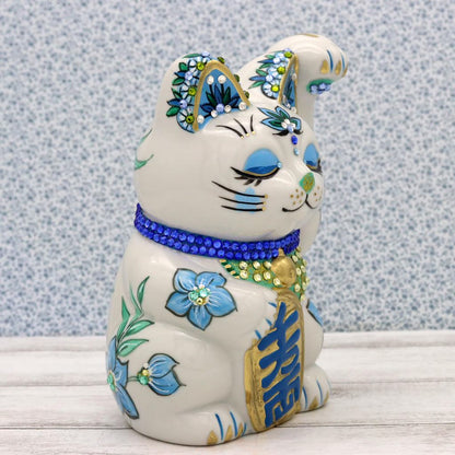 Craftsman House Gorgeous Hand-Painted Seto Ware Maneki-Neko Lucky Cat — Handcrafted Japanese Good Luck Ornament (Red/Blue)
