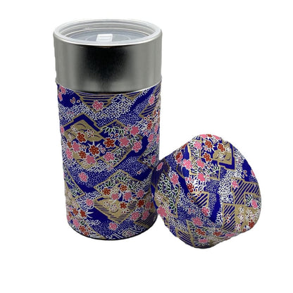 Noguchi Kumataro Tea Garden Large Capacity Tea Canister 200g with Inner Lid, Decorated with Yuzen Washi, Cherry Blossom Design, Stylish and Made in Japan