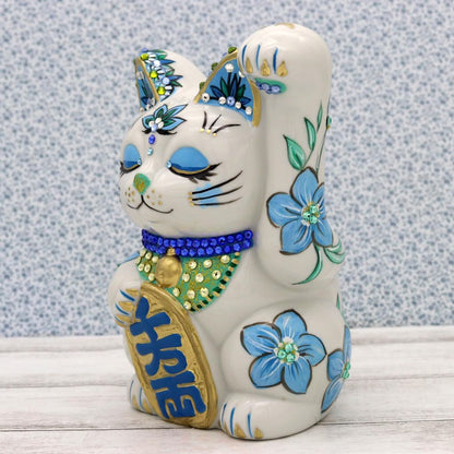 Craftsman House Gorgeous Hand-Painted Seto Ware Maneki-Neko Lucky Cat — Handcrafted Japanese Good Luck Ornament (Red/Blue)