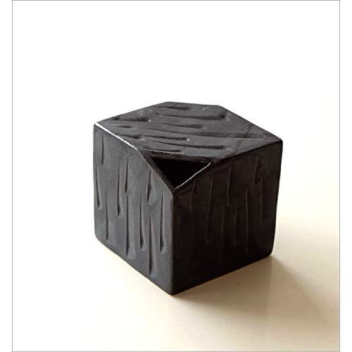 Japanese Seto-yaki Ceramic Flower Vase - Black Glaze Ribbed Cube Design, Made in Japan, Stylish