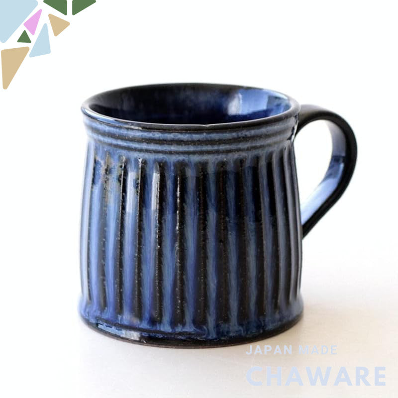 Small Seto-yaki Ceramic Mug Japan-made, Ridged Glaze, Microwave & Dishwasher Safe, Blue Rococo