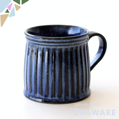 Small Seto-yaki Ceramic Mug Japan-made, Ridged Glaze, Microwave & Dishwasher Safe, Blue Rococo