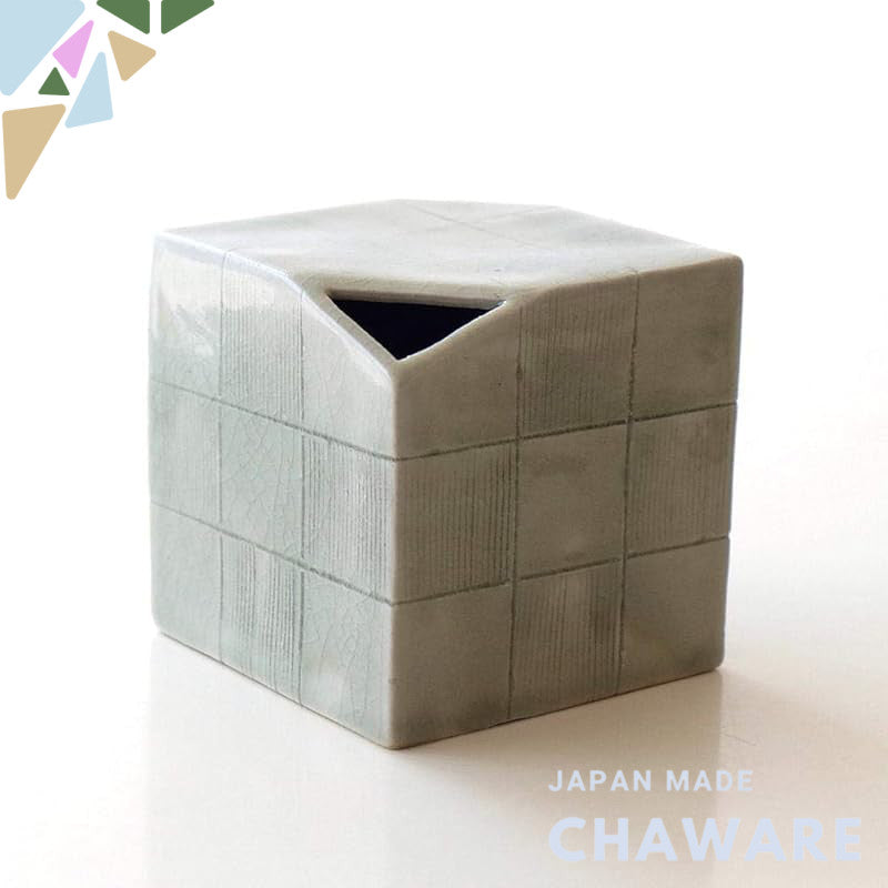 Elegant Seto Ware Ceramic Vase, Made in Japan, Ichimatsu Comb-Check Cube Design Stylish