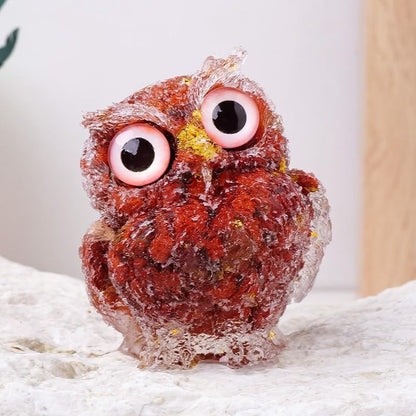 Natural Quartz Chip Resin Owl Figurine, Green/Blue/Yellow Desktop Home Decor – 7.5×6.5 cm & 4×5 cm