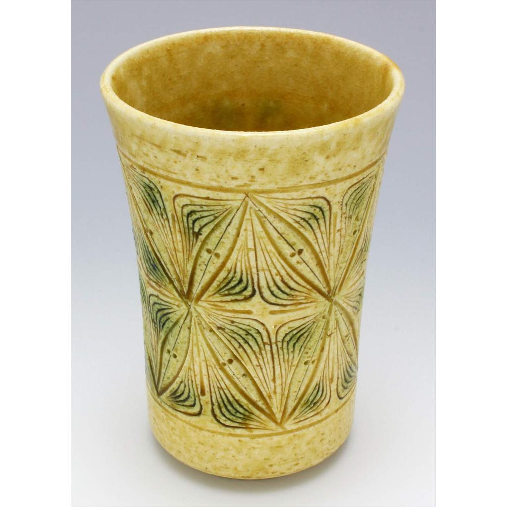 Kato Tosaburo Seto Ware Yellow Carved Diamond Pattern Tumbler 360ml Wooden Gift Box Made in Japan