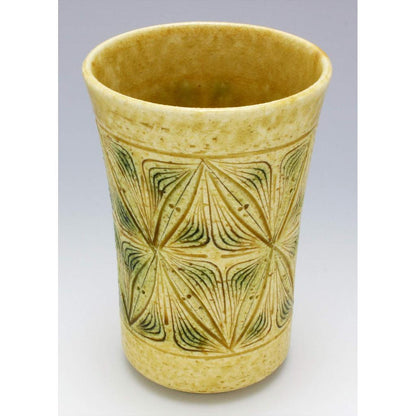 Kato Tosaburo Seto Ware Yellow Carved Diamond Pattern Tumbler 360ml Wooden Gift Box Made in Japan