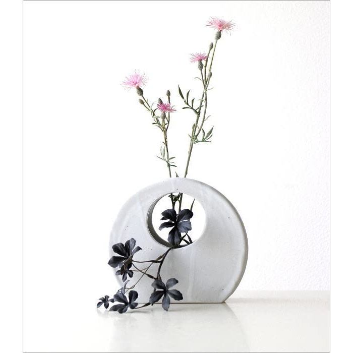 Seto ceramic vase Japan modern white round-cutout design with built-in flower partition tabletop