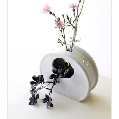 Seto ceramic vase Japan modern white round-cutout design with built-in flower partition tabletop