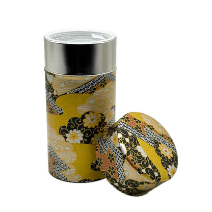 Kumataro Noguchi Tea Canister - 200g Large Capacity, Japanese Washi Paper Design, Includes Inner Lid, Elegant Gold Arabesque, Made in Japan