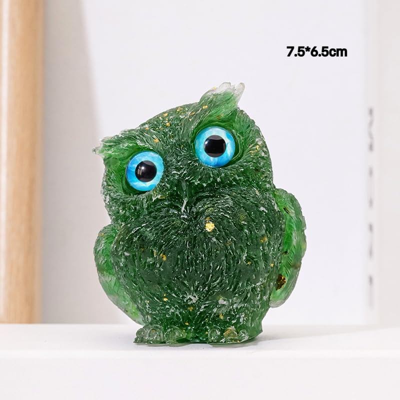 Natural Quartz Chip Resin Owl Figurine, Green/Blue/Yellow Desktop Home Decor – 7.5×6.5 cm & 4×5 cm