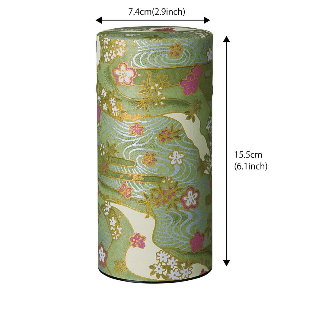 Naguchi Kumataro Tea Garden Large Capacity Tea Canister 200g with Interior Lid, Washi Paper Design, Seasonal Colors, Stylish Japanese Made Tea Storage Container.