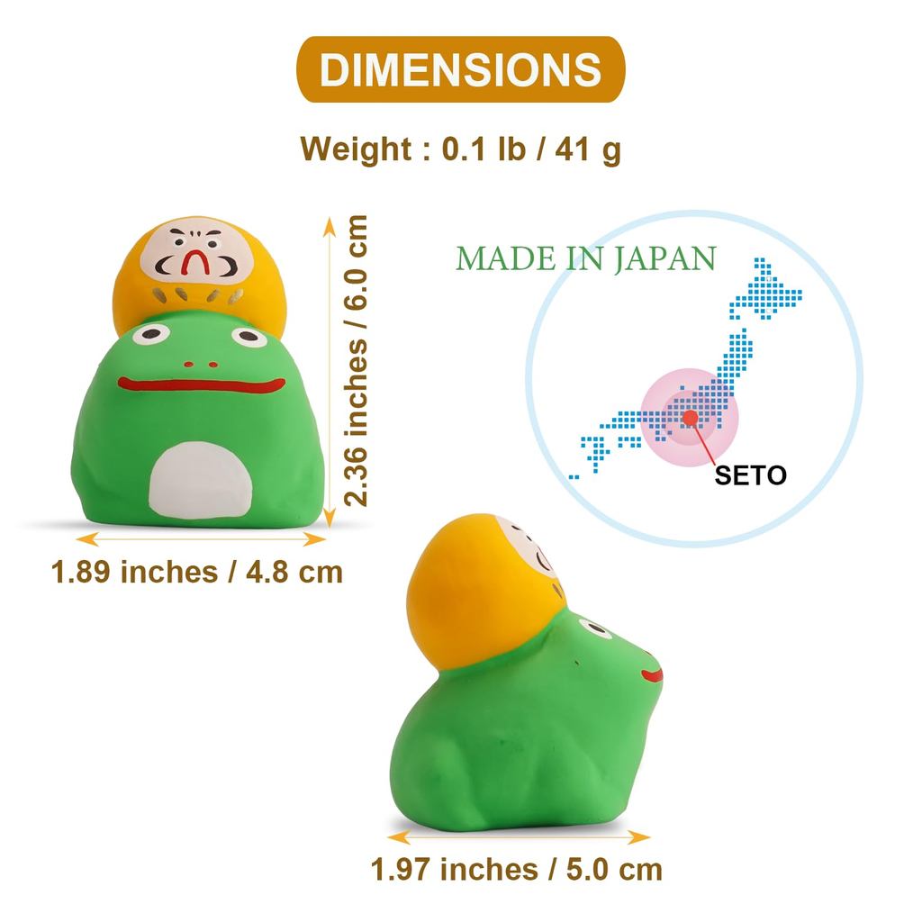 COTONOHA Seto-yaki Frog Daruma Figurine - Handmade Japanese Lucky Pottery Ornament, Small 6.08 cm, Made in Japan