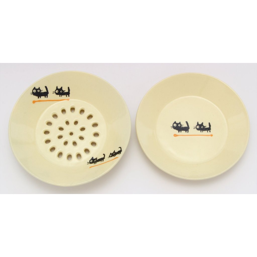 SOUSEN 15cm Seto Ware Medium Draining Plate with Black Cat Pattern (Assorted Colors)