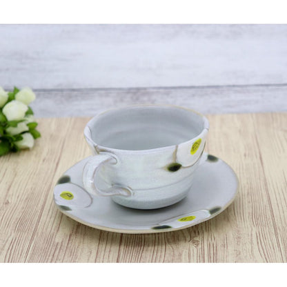 Craftsman House Seto-yaki Mug & Saucer Coffee Cup Set - White Camellia, Japanese Pottery
