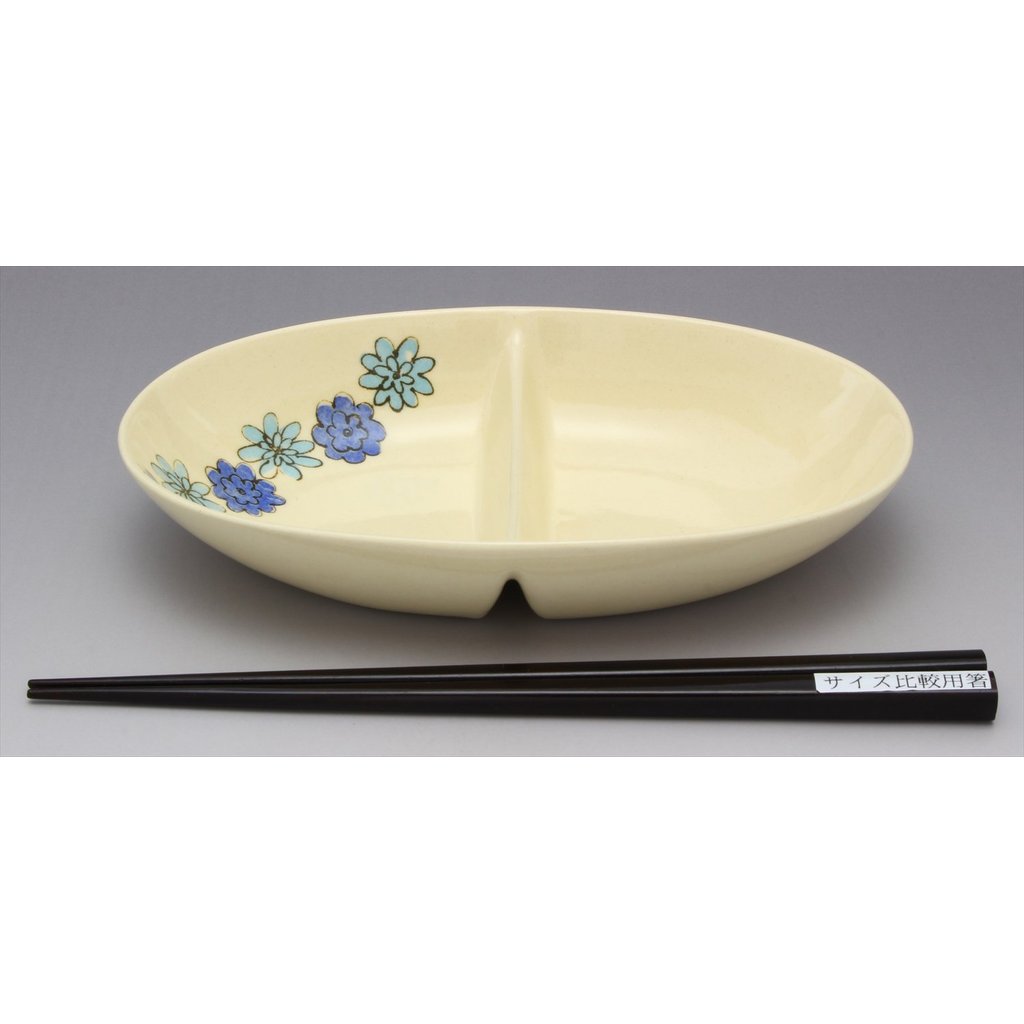 SOUSEN Kiln 18cm Medium Plate Blue - Seto Ware Two-Compartment Divided Dish with Bird Pattern