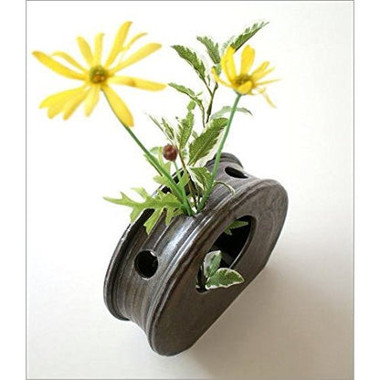 Seto Ware Ceramic Single-Stem Vase - Japanese Black Glaze Round-Window Flower Vase, Made in Japan