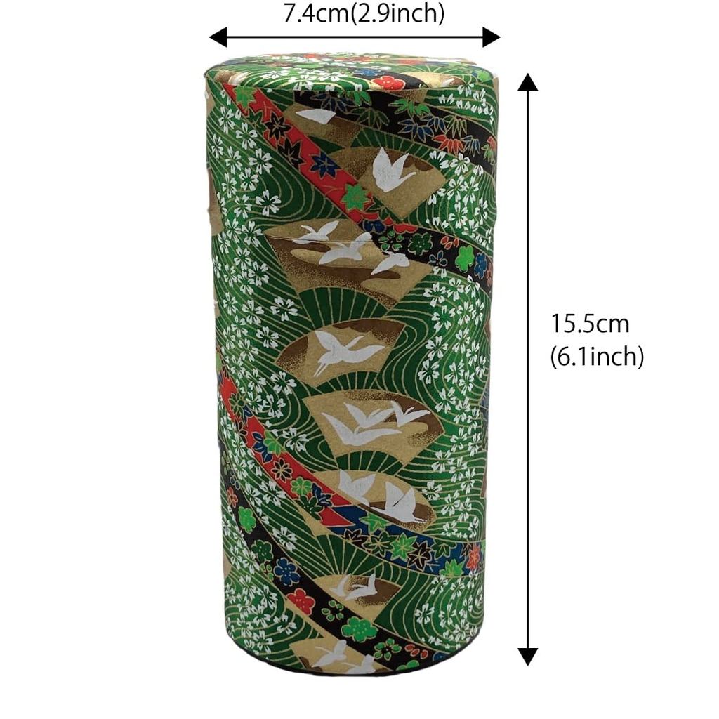 Noguchi Kumataro Tea Garden Large Capacity Tea Canister 200g, Yuzen Washi Design with Inner Lid - Adorned with Cranes and Fans, Stylish Japanese-made Container
