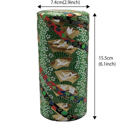 Noguchi Kumataro Tea Garden Large Capacity Tea Canister 200g, Yuzen Washi Design with Inner Lid - Adorned with Cranes and Fans, Stylish Japanese-made Container