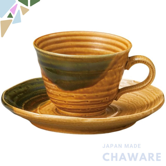 Ale-net 210ml Porcelain Coffee Cup & Saucer Mino Yellow Seto Swirl Dishwasher & Microwave Safe Japan