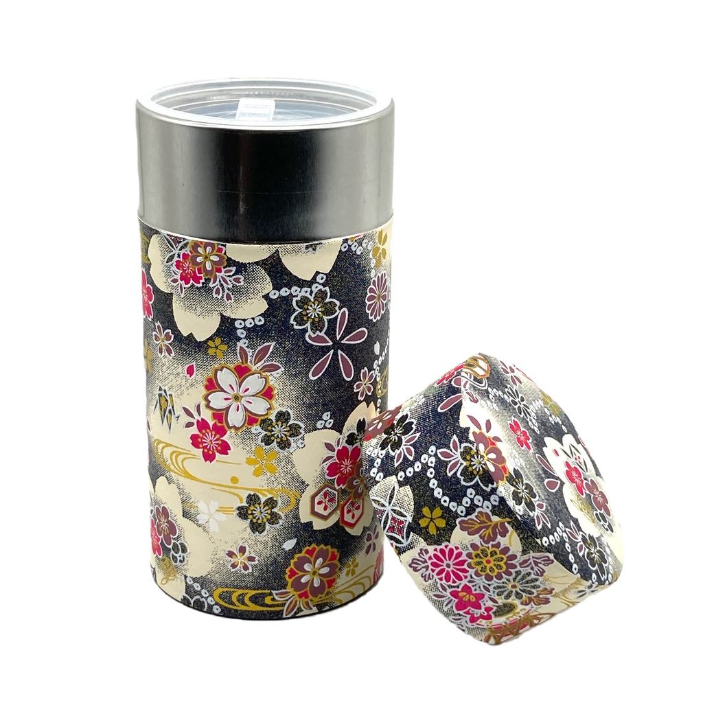 Noguchi Kumataro Tea Garden Large Tea Canister 200g with Inner Lid, Stylish Washi Paper Design, Dark Blue and Black, Made in Japan