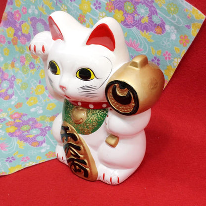 Maneki Neko Medium Ceramic Piggy Bank - Seto-yaki Japanese Lucky Cat Money Box, Made in Japan
