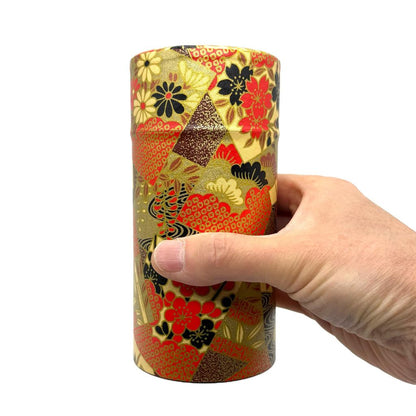 Noguchi Kumataro Tea Garden Large Capacity 200g Tea Canister with Inner Lid, Gold Sunset Design, Made in Japan, Stylish and Elegant Japanese Washi Paper Wrapped.