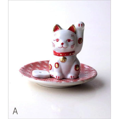 Seto-Yaki Ceramic Cat Incense Holder with Small Maneki-Neko Dish — Cute Palm-Sized Japanese Incense Burner