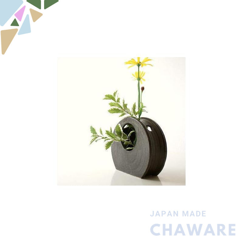 Seto Ware Ceramic Single-Stem Vase - Japanese Black Glaze Round-Window Flower Vase, Made in Japan