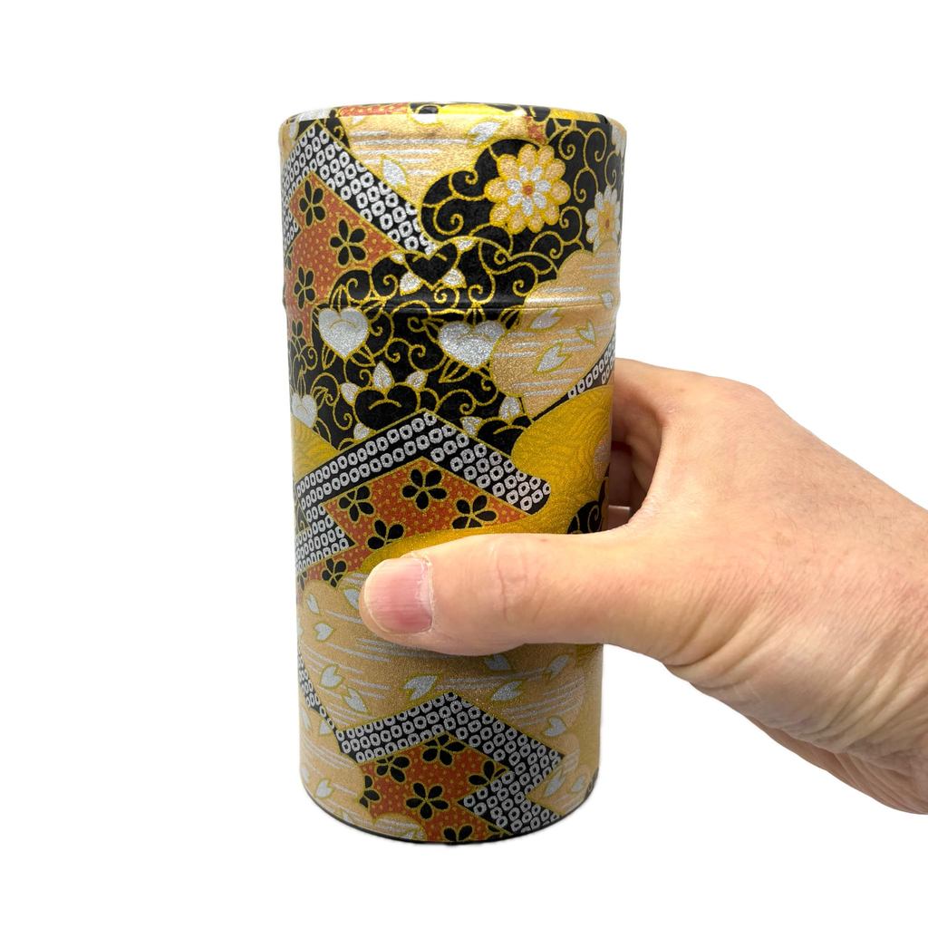 Kumataro Noguchi Tea Canister - 200g Large Capacity, Japanese Washi Paper Design, Includes Inner Lid, Elegant Gold Arabesque, Made in Japan